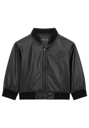 Schwarze Bomberjacke aus Kunstleder mit geripptem Kragen, Bündchen und Saum, Frontreißverschluss und eingeprägtem Logo auf der linken Brust.