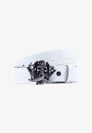 White leather belt featuring a black skull and crossbones buckle with intricate detailing. Engraved logo on the belt strap.