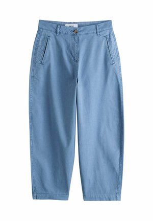 Svetlomodré rovné nohavice s bočnými vreckami, závesmi na opasok a uzáverom na gombík v páse.
