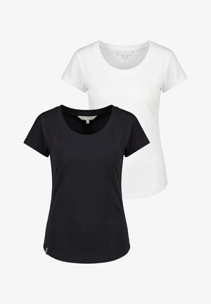 Two plain short-sleeve women's t-shirts with scoop necks, one black and one white, layered with the black shirt in front.