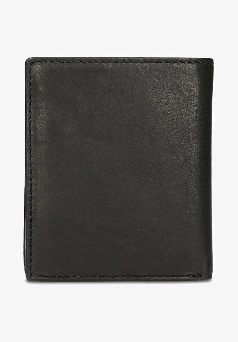 Zwarte leren portefeuille met een gladde textuur, met een bi-fold ontwerp en zichtbare stiksels langs de randen. Eenvoudige en compacte vorm.