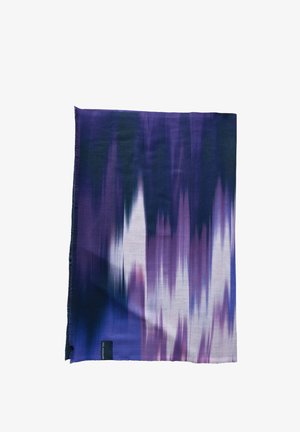 Fioletowo-niebieski szalik w wzory, wykonany z miękkiego materiału, z wyraźnymi pionowymi paskami oraz frędzlami na krawędzi. Mała metka w rogu.