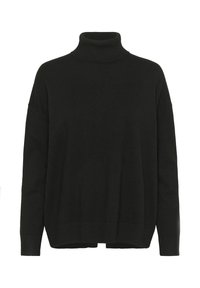 Maglione nero a collo alto in morbido tessuto knit, caratterizzato da una forma rilassata, spalle scese e bordo e polsi a costine. Design semplice e classico.