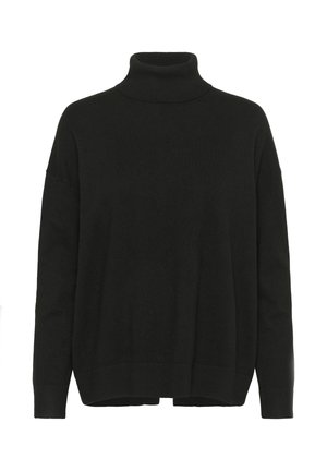 Maglione nero a collo alto in morbido tessuto knit, caratterizzato da una forma rilassata, spalle scese e bordo e polsi a costine. Design semplice e classico.