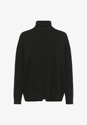 Fekete garbópulóver puha kötött anyagból, laza fazonnal, ejtett vállakkal, bordázott szegélyekkel és mandzsettákkal. Egyszerű, klasszikus dizájn.