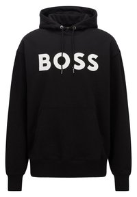 Schwarzer Kapuzenpullover mit weißem "BOSS"-Schriftzug auf der Vorderseite, Kordelzugkapuze, Kängurutasche sowie gerippten Bündchen und Saum.