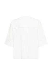 White cotton short-sleeve blouse with a rounded collar, horizontal stitching detail across the upper back, and buttoned cuffs.
