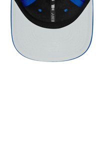 Black cap with a gray brim and blue accents. Features a structured crown and a plastic snap closure at the back. Smooth fabric texture.