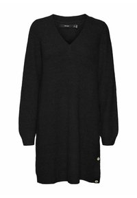 Robe en tricot noir à col en V et à manches longues. Présente un tissu texturé et deux accents de boutons sur le côté inférieur.