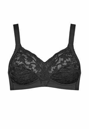 Reggiseno nero in pizzo con spalline regolabili, coppe a copertura totale e dettagli a motivo floreale, mostrato su sfondo bianco.