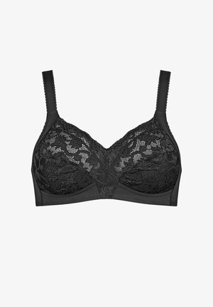 Reggiseno nero in pizzo con spalline regolabili, coppe a copertura totale e dettagli a motivo floreale, mostrato su sfondo bianco.