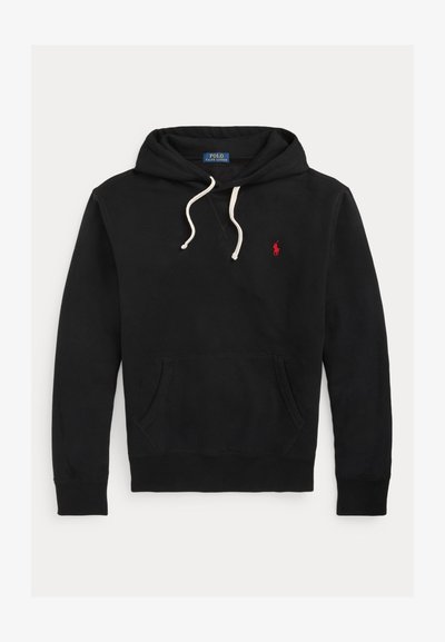 Black hoodie with white drawstrings, front pocket, and small red Polo Ralph Lauren logo on the chest.