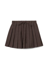 Falda plisada marrón con cintura elástica, con un patrón a cuadros en tonos más claros. Incluye un cordón para ajuste.