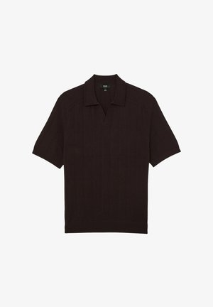 Lühikeste varrukatega polo tumepruunist soonikkoes kangast, vertikaalse soonilise tekstuuriga, V-kaelusega ja sirge äärega. Lihtne, puhas disain.