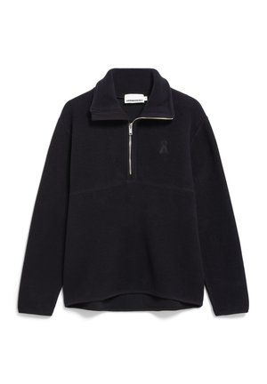 Dunkelblaues Fleece-Pullover mit halbem Reißverschluss und einem dezenten Logodesign sowie einer lockeren Passform. Weicher Stoff mit langen Ärmeln.