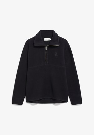 Dunkelblaues Fleece-Pullover mit halbem Reißverschluss und einem dezenten Logodesign sowie einer lockeren Passform. Weicher Stoff mit langen Ärmeln.