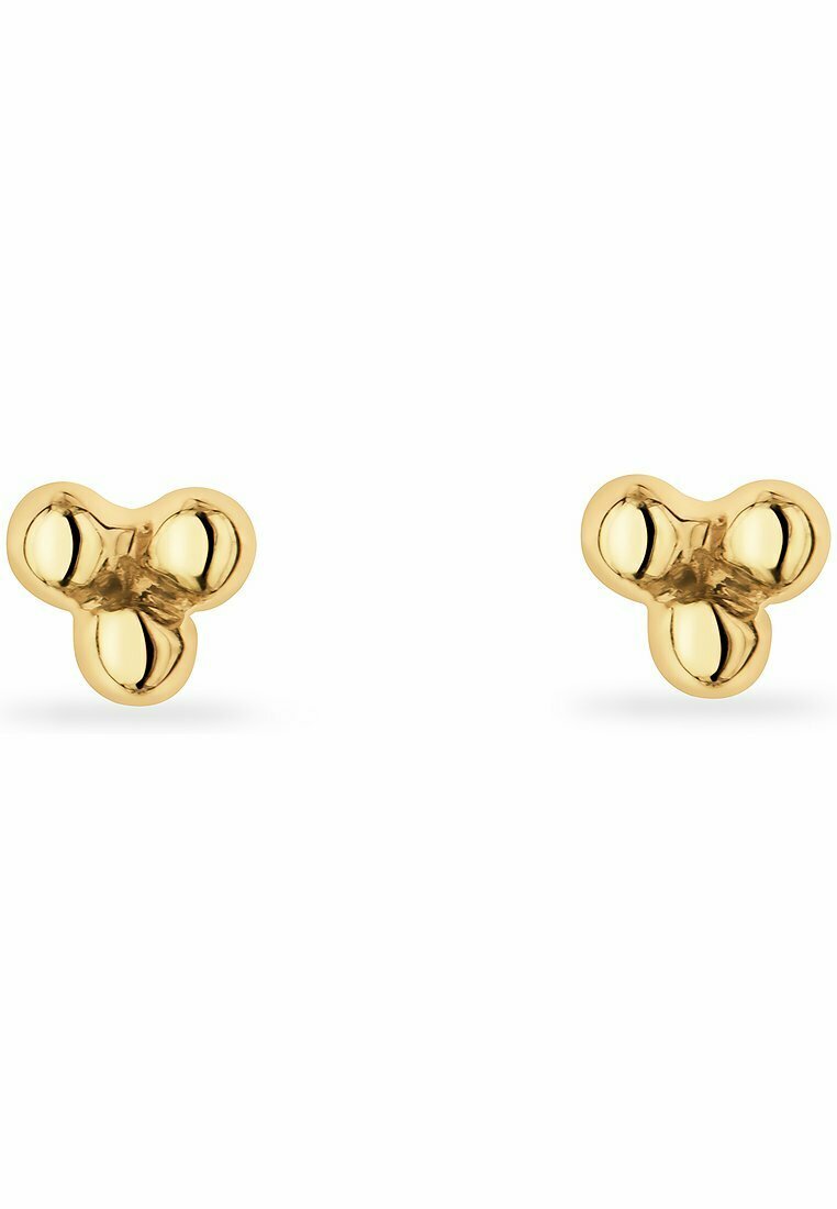 Orecchini a bottone in oro con un design a tre petali. Superficie liscia e lucida con una finitura brillante. Leggeri e di piccole dimensioni.