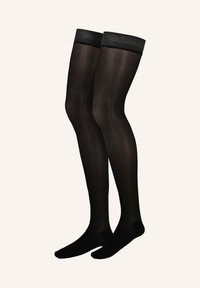 Schwarze, blickdichte Oberschenkelstrümpfe mit einem soliden schwarzen Bund oben. Glatte Textur, enganliegendes Design, geeignet für verschiedene Outfits.