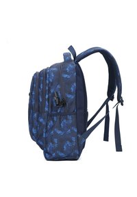 Zaino blu navy con un motivo geometrico, molteplici scomparti con zip, spallacci imbottiti e una finitura testurizzata per la durabilità.