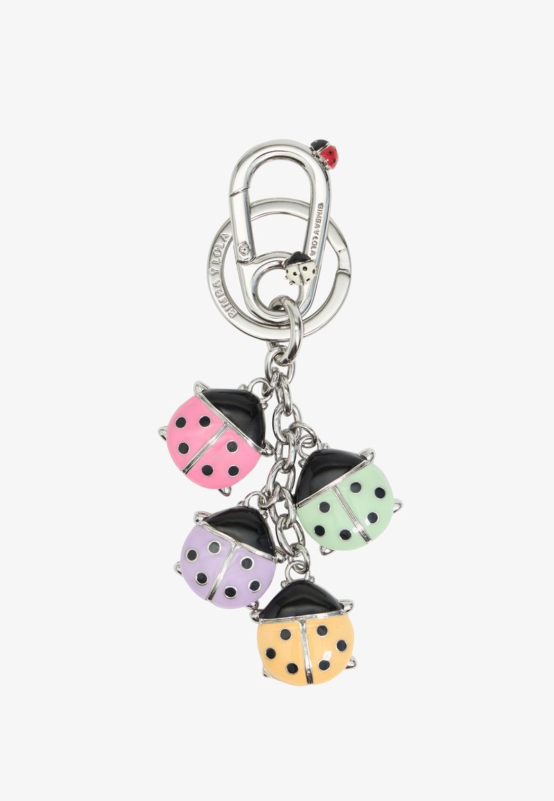 Ključavnica z raznobarvnimi kameleončicami v roza, zeleni, vijolični in oranžni barvi, z črnimi detajli in pritrjena na srebrno kovinsko spono.