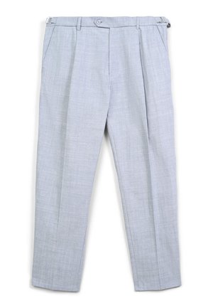 Pantaloni grigi chiari con una trama tessuta, dotati di due tasche anteriori, di una vita con bottone e di una vestibilità affusolata.