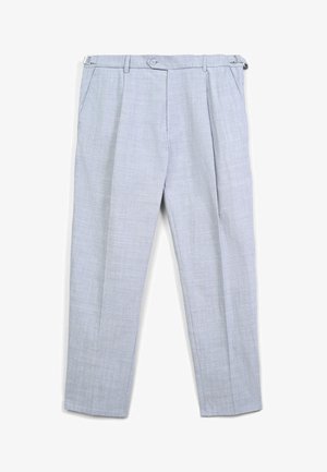 Hellegraue Hose mit strukturiertem Gewebe, ausgestattet mit zwei vorderen Taschen, einem Bund mit einem Knopf und einer schmalen Passform.