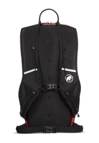Sac à dos de sport noir pour l'hydratation avec tissu en maille, accents réfléchissants, straps ajustables et intérieur rouge. Dispose de boucles et d'une poignée supérieure.