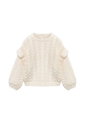 Pull en maille torsadée de couleur crème, avec manches longues, poignets et ourlet côtelés, présentant un motif texturé sur toute la surface.