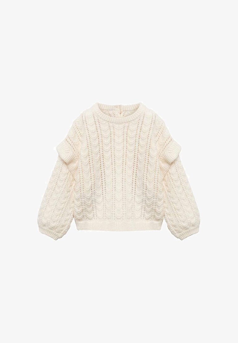 Pull en maille torsadée de couleur crème, avec manches longues, poignets et ourlet côtelés, présentant un motif texturé sur toute la surface.