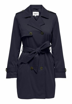 Tumši zils dubultpogas trančmētelis ar platu apkakli, aizpogātiem epoletiem, vidukļa jostu ar loku un aizpogātiem piedurkņu siksniņām.