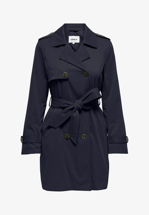 Trench-coat bleu marine croisé avec grand col, épaulettes boutonnées, ceinture nouée à la taille et pattes de manches boutonnées.