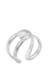 Anello d'argento con un design aperto e attorcigliato, caratterizzato da una superficie liscia e bordi arrotondati, che mette in risalto un'estetica moderna e minimalista.