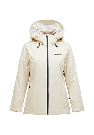 Beige Winterjacke mit Kapuze, schwarzem Reißverschluss und verstellbaren Handgelenkriemen, mit einem Logo auf der linken Brust und seitlichen Reißverschlusstaschen.
