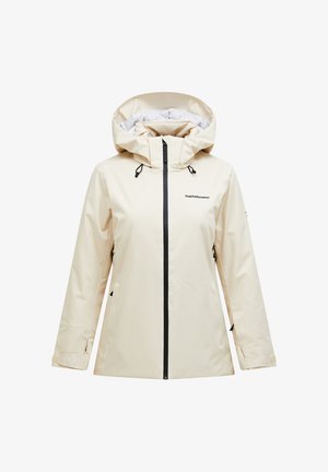 Beige Winterjacke mit Kapuze, schwarzem Reißverschluss und verstellbaren Handgelenkriemen, mit einem Logo auf der linken Brust und seitlichen Reißverschlusstaschen.