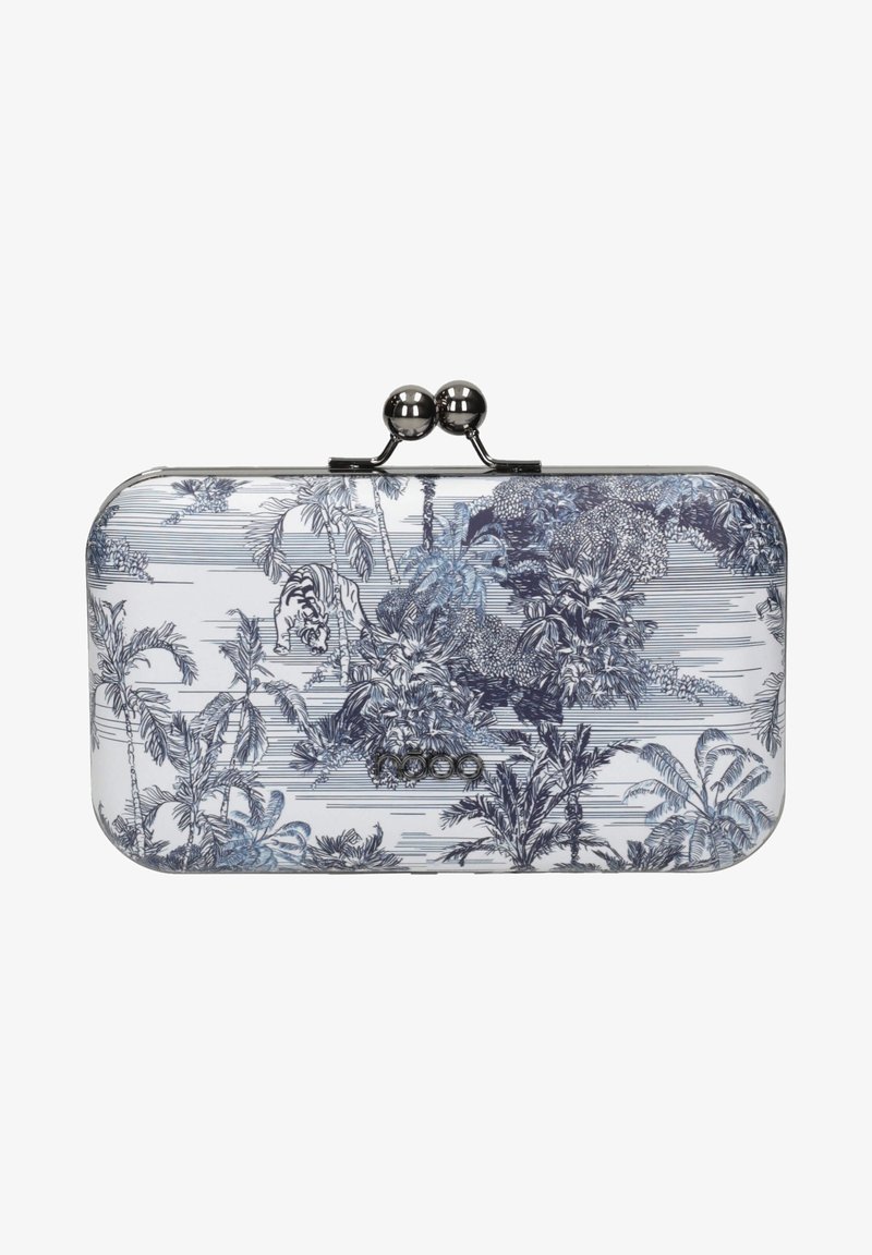 Clutch taske med et design af en palme og en tiger i blå på en hvid baggrund. Rundet metal lås med to kugler til lukning.