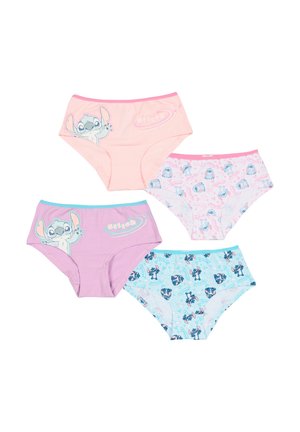 Vier Paar Kinderunterwäsche mit Stitch-Motiv, in den Farben Pink, Lila, Weiß und Hellblau.