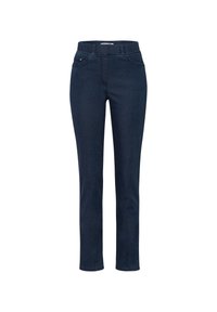 Jeans in denim blu scuro con vestibilità slim, dotati di una vita a media altezza, due tasche frontali e dettagli di cucitura minimi.