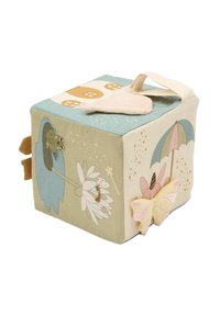 Stoffen opbergdoos in pasteltinten. Heeft bloemenpatronen, een kikker en een vlinder met textuurelementen. Voorzien van een zachte stoffen handgreep.