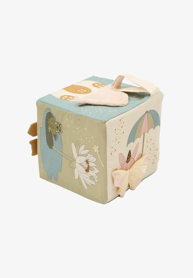 Stoffen opbergdoos in pasteltinten. Heeft bloemenpatronen, een kikker en een vlinder met textuurelementen. Voorzien van een zachte stoffen handgreep.