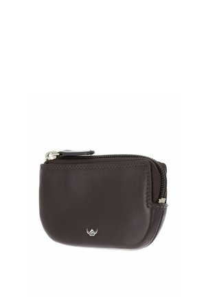 Petit porte-monnaie en cuir marron foncé avec une fermeture éclair argentée et un petit logo métallique au centre avant.