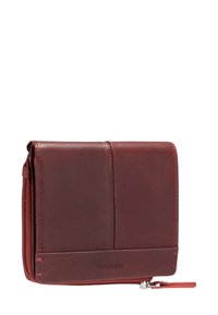 Burgundy leather wallet with a smooth finish, rectangular shape, zip closure, and front logo detail. Stitched accents enhance texture.