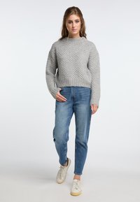 Pulover tricotat gri deschis, cu un model texturat, asortat cu blugi din denim albastru și adidași albi. O ținută simplă și casual.