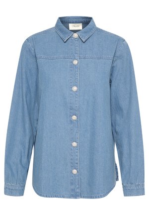 Világoskék farmering gombos elülső résszel, gyöngyszerű gombokkal, hosszú ujjakkal és klasszikus gallérral. Puha tapintású és laza kialakítású.