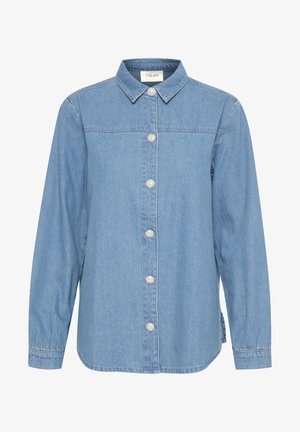 Cămașă din denim albastru deschis, cu închidere cu buton, butoane asemănătoare cu perlele, mâneci lungi și guler clasic. Textură moale și design casual.