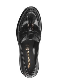 Sorte lakkskinn loafers med dekorative dusk, sømdetaljer og rund tå-design. Gull-logo preget på innersålen.