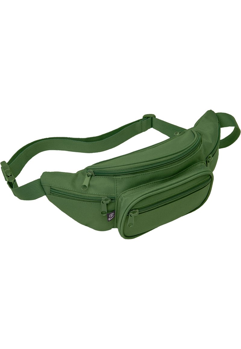 Zeleni tkaninski fanny pack s dva zipovana pretinca, podešavajućom trakom i izdržljivim materijalom, koji se odlikuje glatkom teksturom i strukturiranim dizajnom.