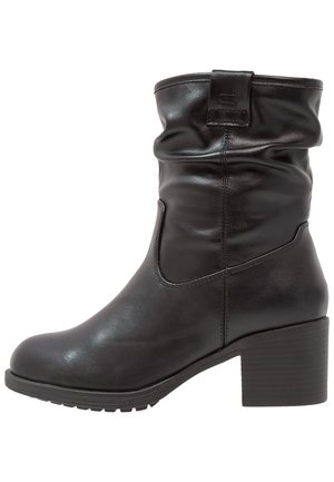 Black leather ankle boots with a slouchy design, round toe, and a chunky heel. Features textured detailing and a back tab.