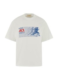 White cotton T-shirt features blue graphic print with stylized runners, text reading “2025 ACL Athletics,” and “Another Sports & Athletics Club.”
