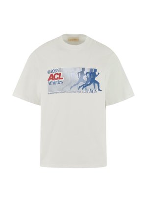White cotton T-shirt features blue graphic print with stylized runners, text reading “2025 ACL Athletics,” and “Another Sports & Athletics Club.”