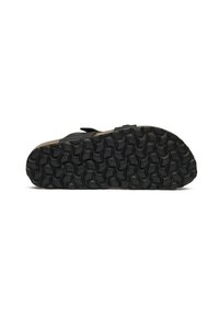 Black rubber shoe sole with a textured pattern featuring circular shapes. Constructed from durable materials, designed for grip and stability.